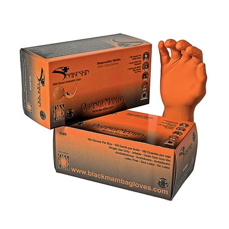 Orange Mamba Snakeskin Industrial Strength Powder Free Nitrile Gloves with Raised Grip - Box of 50 - BX-OSF-S - Black Mamba Gloves - Trade Counter Direct
