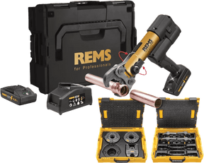 REMS Akku - Press E 22V ACC Gold 2026 Complete Press Tool Bundle (Tongs M15–35, Rings M42–54, 2x Batteries, L - Boxx, Hoodie) - 576X21 - REMS Tools - Trade Counter Direct