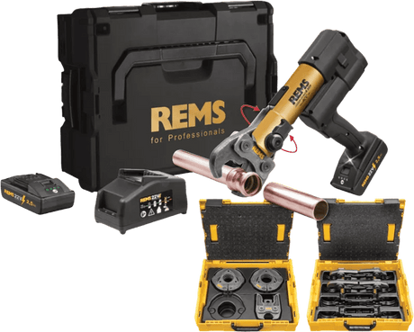 REMS Akku - Press E 22V ACC Gold 2026 Complete Press Tool Bundle (Tongs M15–35, Rings M42–54, 2x Batteries, L - Boxx, Hoodie) - 576X21 - REMS Tools - Trade Counter Direct