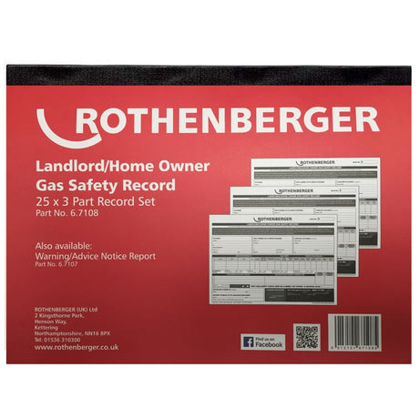 Rothenberger Gas safety certificate record pad (25 x 3 Part) - 67108 - Rothenberger - Trade Counter Direct