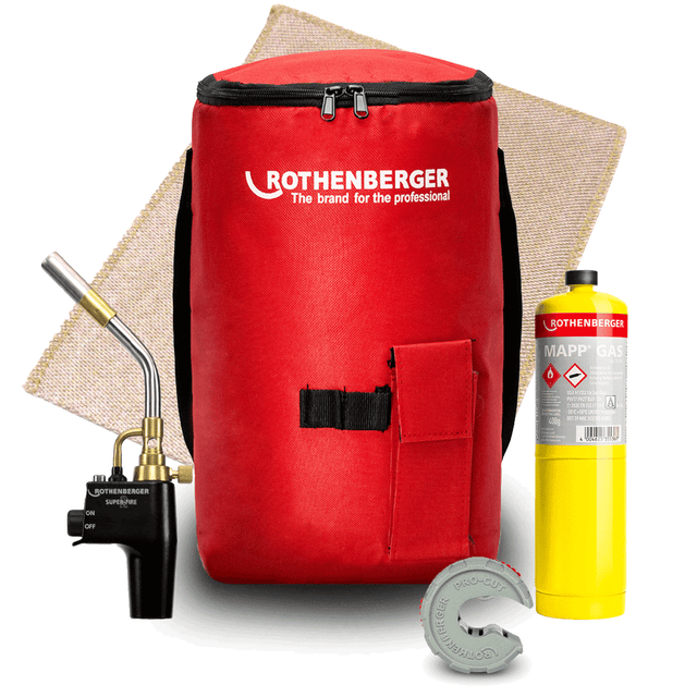 ROTHENBERGER Hot Bag Kit with SUPERFIRE Torch, 1 MAPP® Gas, 1 Pipe Cutter 15mm and 1 Soldering Mat - 1000005159 - Rothenberger - Trade Counter Direct