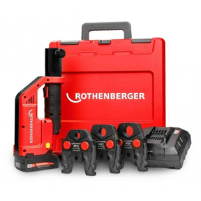 Rothenberger tool set with red case, nail gun, and clamps on a white background