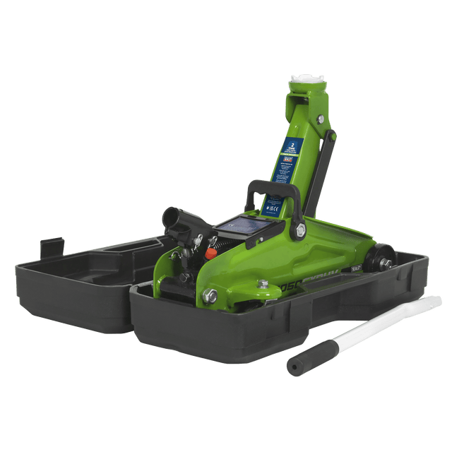 Sealey 1050CXDHV Trolley Jack 2tonne Hi - Vis Short Chassis with Storage Case - 1050CXDHV - Sealey Tools UK - Trade Counter Direct