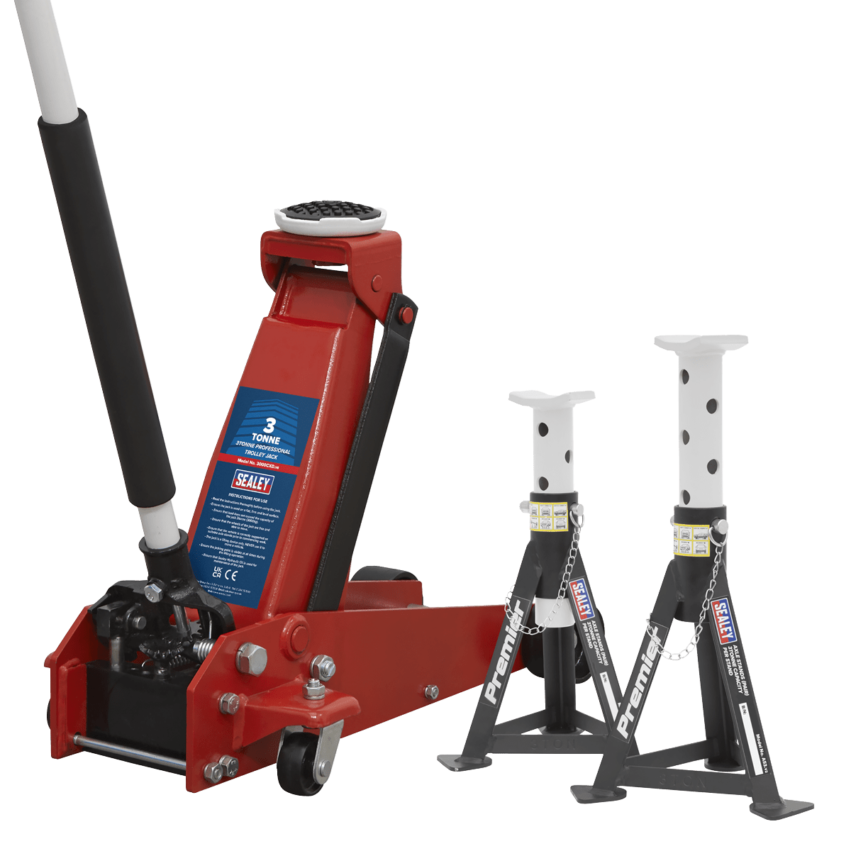 Sealey 3000CXDCOMBO1 Trolley Jack 3t & Axle Stands (Pair) 3t per Stand Combo - 3000CXDCOMBO1 - Sealey Tools UK - Trade Counter Direct