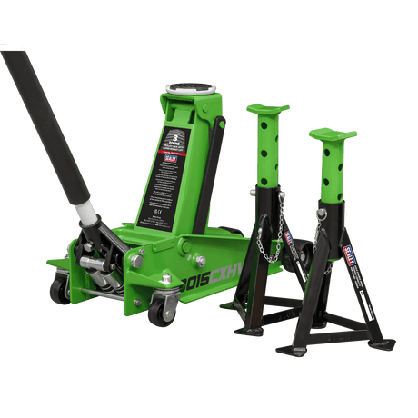 Sealey 3015CXHV Trolley Jack 3tonne with Super Rocket Lift & Axle Stands (Pair) 3tonne Capacity per Stand - Hi - Vis - 3015CXHV - Sealey Tools UK - Trade Counter Direct