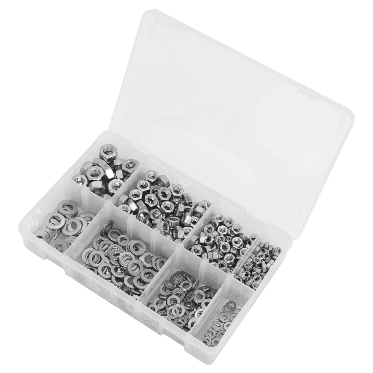 Sealey AB077NW 500pc Stainless Steel Nut and Washer Assortment - M5 - M10 - AB077NW - Sealey Tools UK - Trade Counter Direct