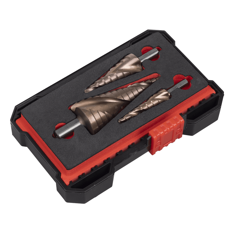 Sealey AK4743 Spiral Flute HSS Cobalt Step Drill Bit Set 3pc - AK4743 - Sealey Tools UK - Trade Counter Direct