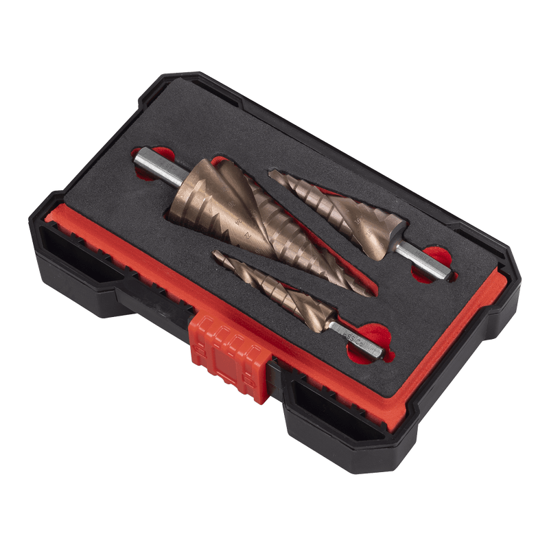 Sealey AK4743 Spiral Flute HSS Cobalt Step Drill Bit Set 3pc - AK4743 - Sealey Tools UK - Trade Counter Direct