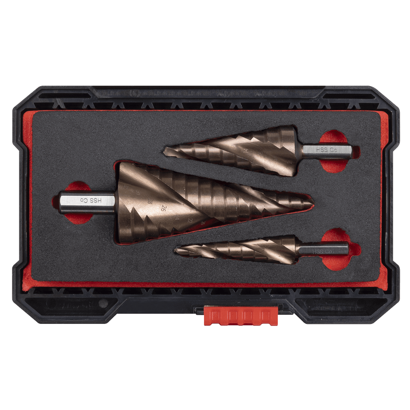 Sealey AK4743 Spiral Flute HSS Cobalt Step Drill Bit Set 3pc - AK4743 - Sealey Tools UK - Trade Counter Direct