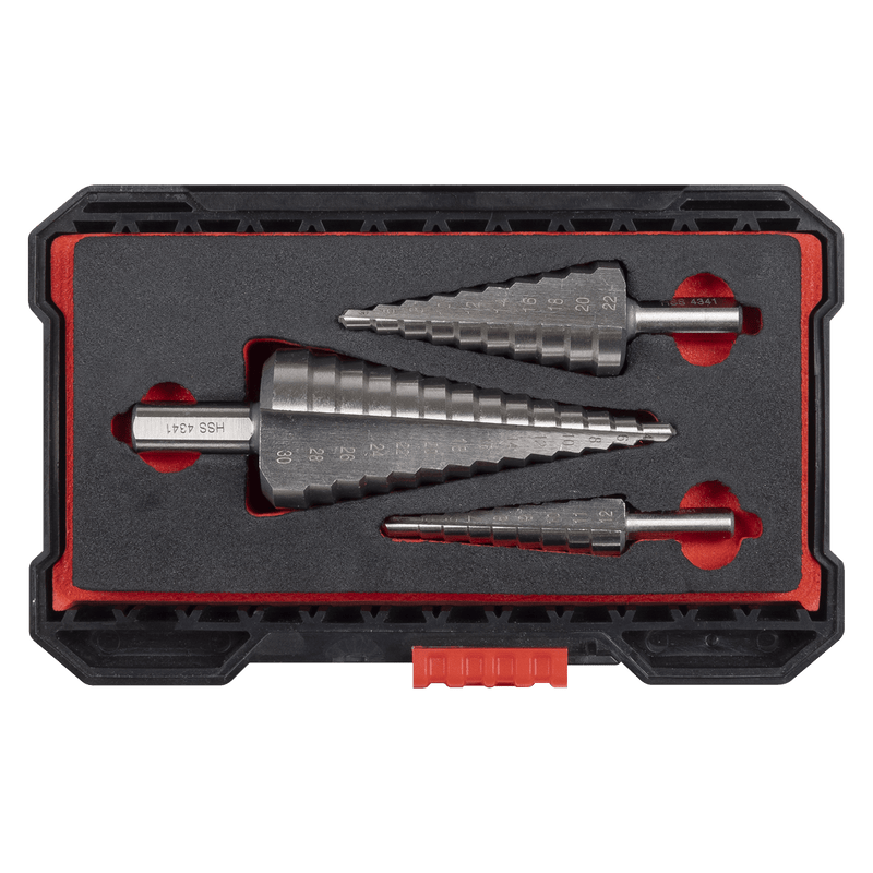 Sealey AK4746 Straight Flute HSS 4341 Step Drill Bit Set 3pc - AK4746 - Sealey Tools UK - Trade Counter Direct