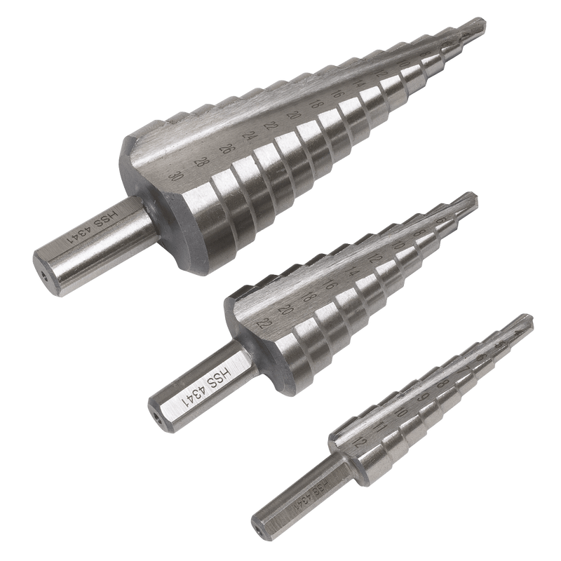 Sealey AK4746 Straight Flute HSS 4341 Step Drill Bit Set 3pc - AK4746 - Sealey Tools UK - Trade Counter Direct