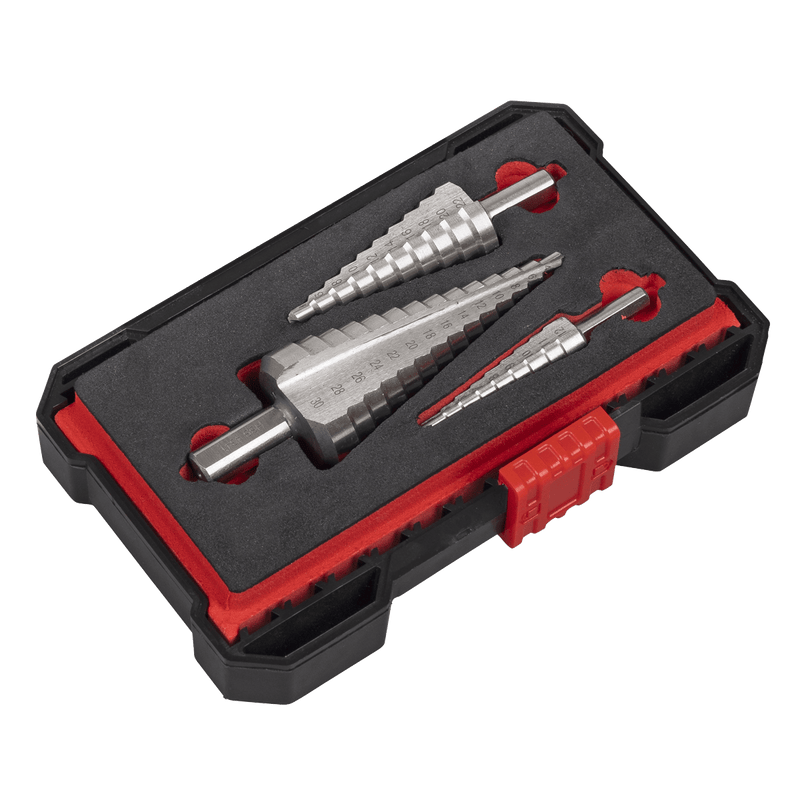 Sealey AK4746 Straight Flute HSS 4341 Step Drill Bit Set 3pc - AK4746 - Sealey Tools UK - Trade Counter Direct