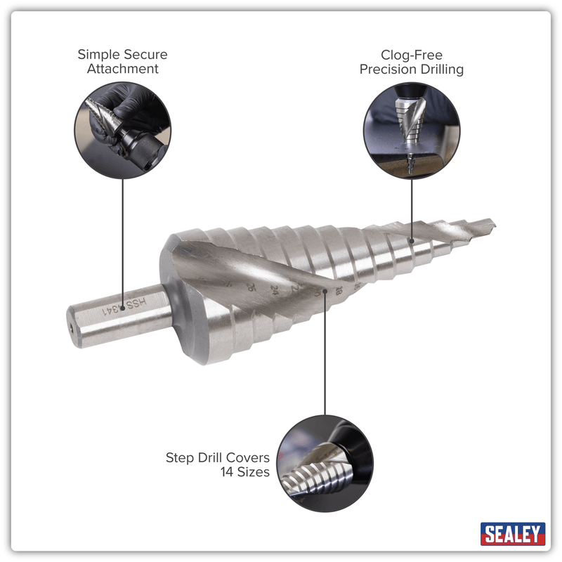 Sealey AK4748 Spiral Flute HSS 4341 Step Drill Bit 4-30mm - AK4748 - Sealey Tools UK - Trade Counter Direct