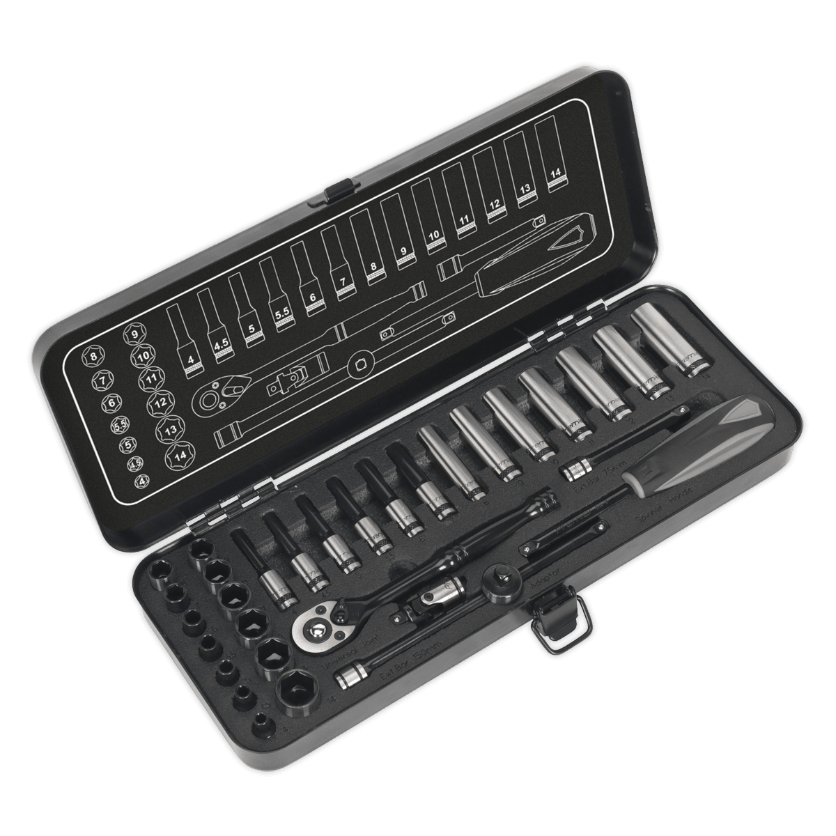 Sealey AK7970 Socket Set 32pc 1/4"Sq Drive 6pt WallDrive® Metric Black Series - AK7970 - Sealey Tools UK - Trade Counter Direct