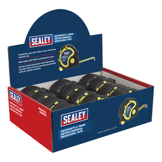 Sealey AK98912 Rubber Tape Measure 5m(16ft) x 19mm Metric/Imperial Display Box of 12 - AK98912 - Sealey Tools UK - Trade Counter Direct