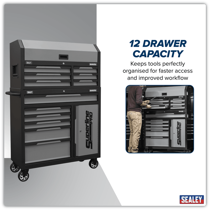 Sealey AP1080GR Superline Pro® Topchest & Rollcab Combination 12 Drawer & 1 Door Cupboard - Grey - AP1080GR - Sealey Tools UK - Trade Counter Direct