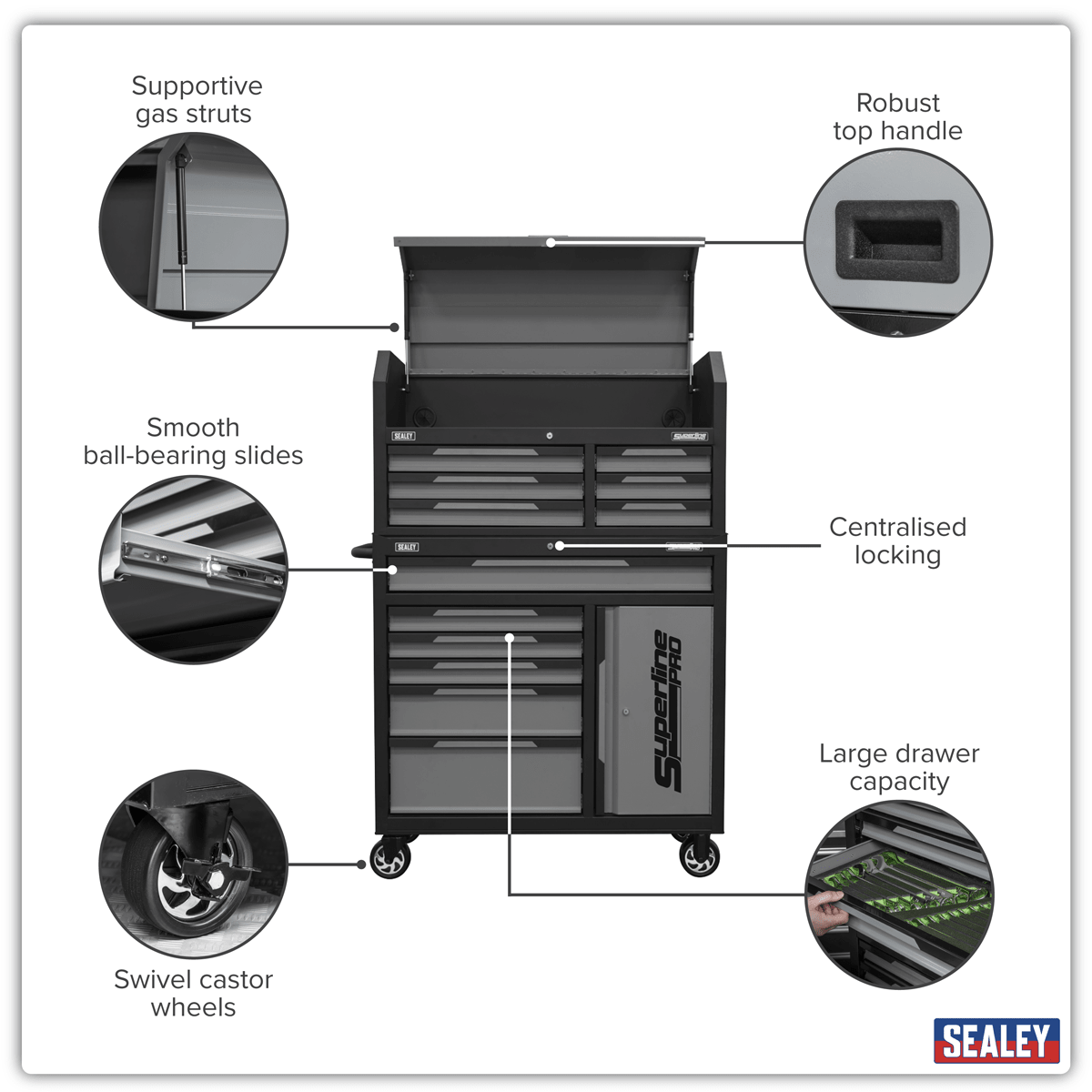 Sealey AP1080GR Superline Pro® Topchest & Rollcab Combination 12 Drawer & 1 Door Cupboard - Grey - AP1080GR - Sealey Tools UK - Trade Counter Direct