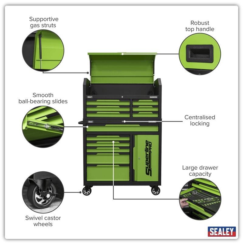 Sealey AP1080HVG Superline Pro® Topchest & Rollcab Combination 12 Drawer & 1 Door Cupboard - Green - AP1080HVG - Sealey Tools UK - Trade Counter Direct