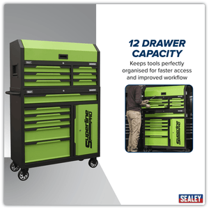 Sealey AP1080HVG Superline Pro® Topchest & Rollcab Combination 12 Drawer & 1 Door Cupboard - Green - AP1080HVG - Sealey Tools UK - Trade Counter Direct