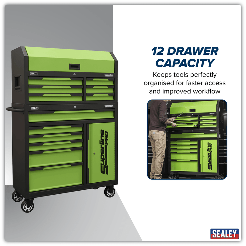 Sealey AP1080HVG Superline Pro® Topchest & Rollcab Combination 12 Drawer & 1 Door Cupboard - Green - AP1080HVG - Sealey Tools UK - Trade Counter Direct