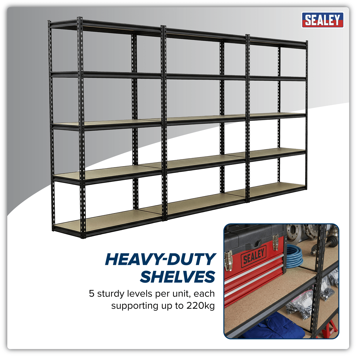 Sealey AP1200RCOMBO1 Racking Unit with 5 Shelves 220kg Capacity Per Level - Set of 3 - AP1200RCOMBO1 - Sealey Tools UK - Trade Counter Direct