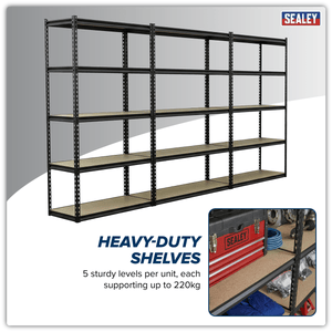 Sealey AP1200RCOMBO1 Racking Unit with 5 Shelves 220kg Capacity Per Level - Set of 3 - AP1200RCOMBO1 - Sealey Tools UK - Trade Counter Direct
