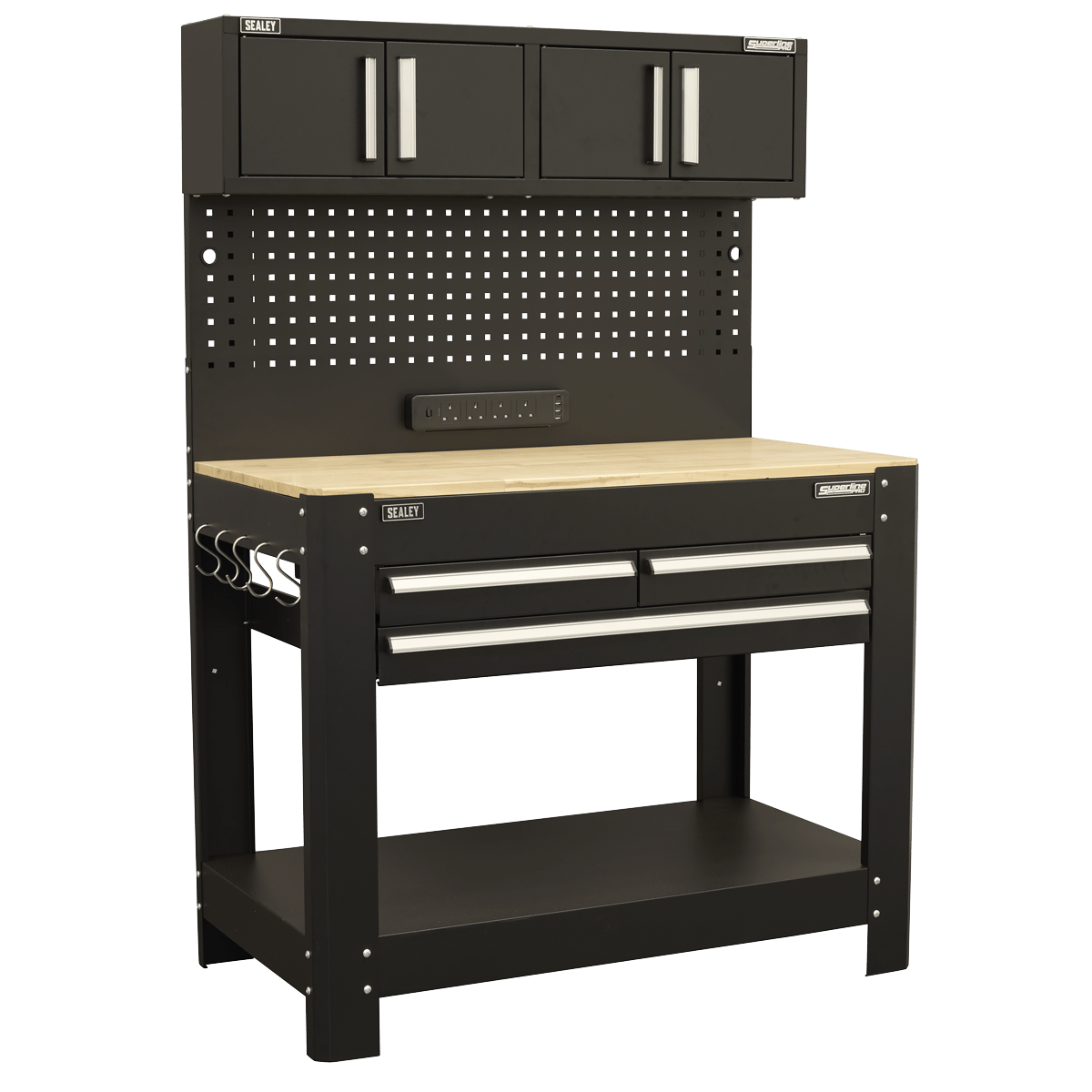 Sealey AP12701 Superline PRO® Workbench with Pegboard Back Panel, Power Bar & Wooden Worktop - AP12701 - Sealey Tools UK - Trade Counter Direct