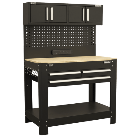 Sealey AP12701 Superline PRO® Workbench with Pegboard Back Panel, Power Bar & Wooden Worktop - AP12701 - Sealey Tools UK - Trade Counter Direct