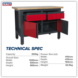 Sealey AP1372A Workbench with 2 Drawers & 2 Cupboards - AP1372A - Sealey Tools UK - Trade Counter Direct