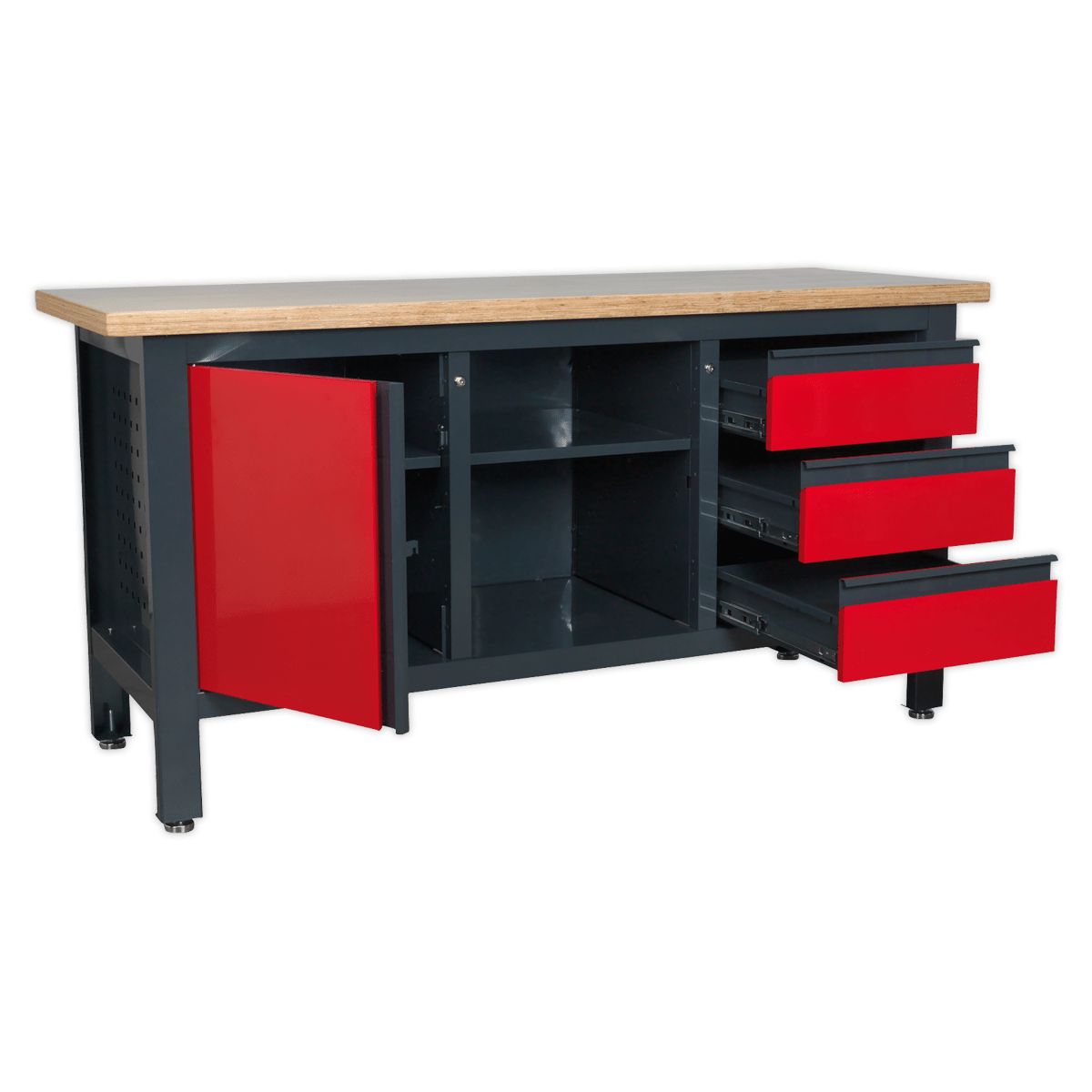Sealey AP1905B Workbench with 3 Drawers, 1 Cupboard & Open Storage - AP1905B - Sealey Tools UK - Trade Counter Direct