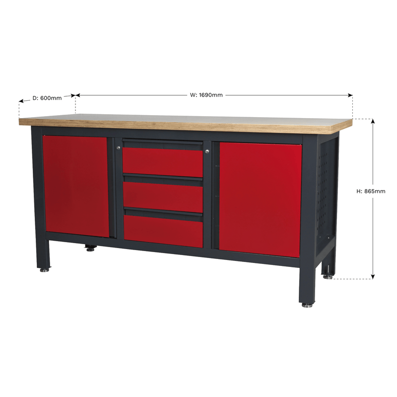 Sealey AP1905C Workbench with 3 Drawers & 2 Cupboards - AP1905C - Sealey Tools UK - Trade Counter Direct