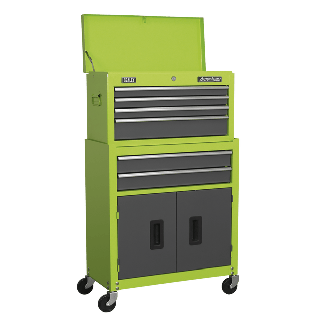 Sealey AP2200BBHV American PRO® Topchest & Rollcab Combination 6 Drawer - Green/Grey - AP2200BBHV - Sealey Tools UK - Trade Counter Direct