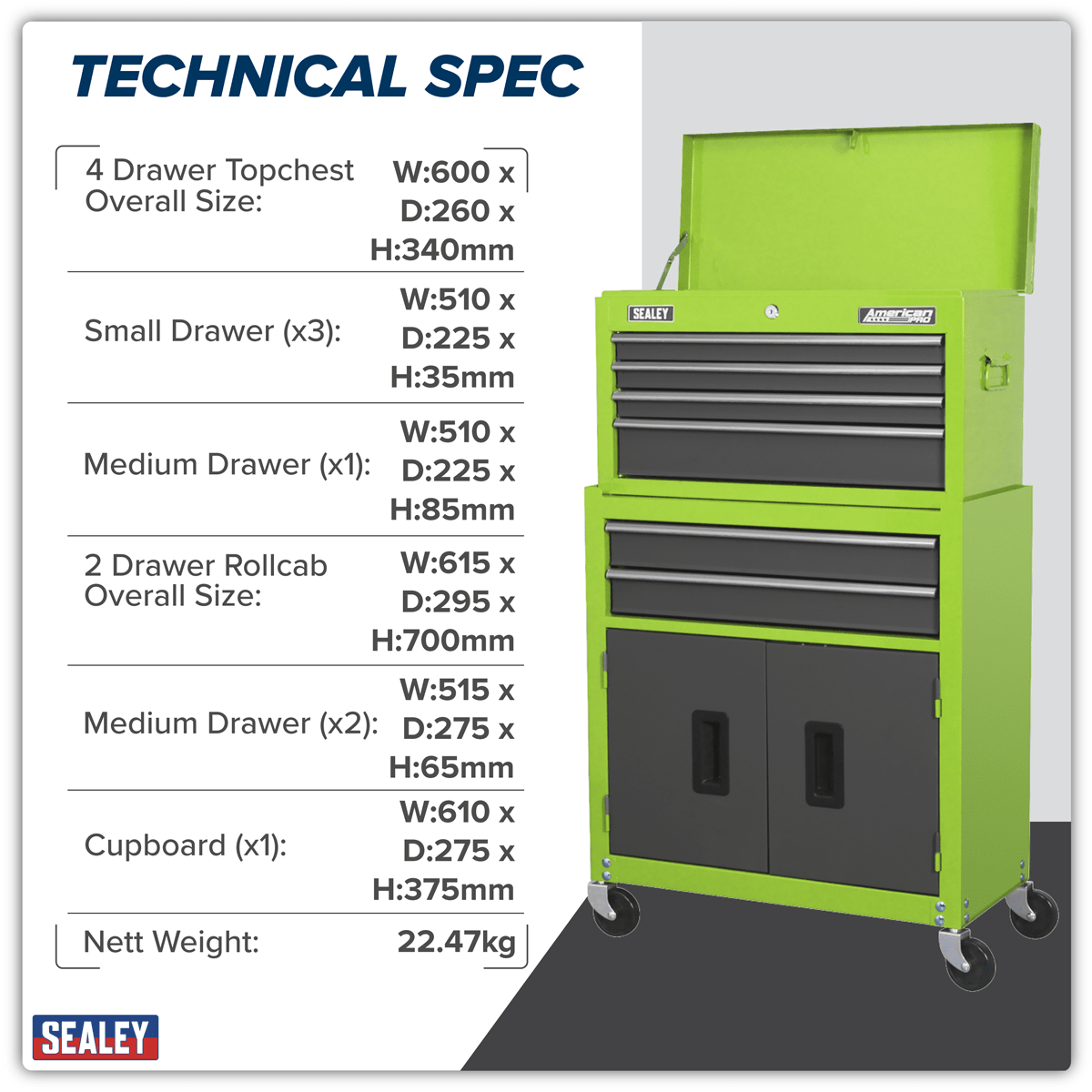 Sealey AP2200BBHV American PRO® Topchest & Rollcab Combination 6 Drawer - Green/Grey - AP2200BBHV - Sealey Tools UK - Trade Counter Direct