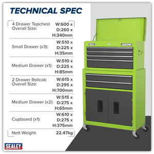 Sealey AP2200BBHV American PRO® Topchest & Rollcab Combination 6 Drawer - Green/Grey - AP2200BBHV - Sealey Tools UK - Trade Counter Direct