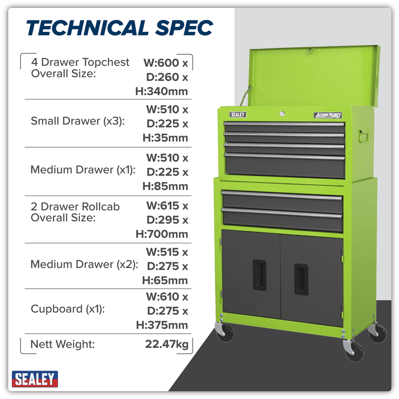 Sealey AP2200BBHV American PRO® Topchest & Rollcab Combination 6 Drawer - Green/Grey - AP2200BBHV - Sealey Tools UK - Trade Counter Direct