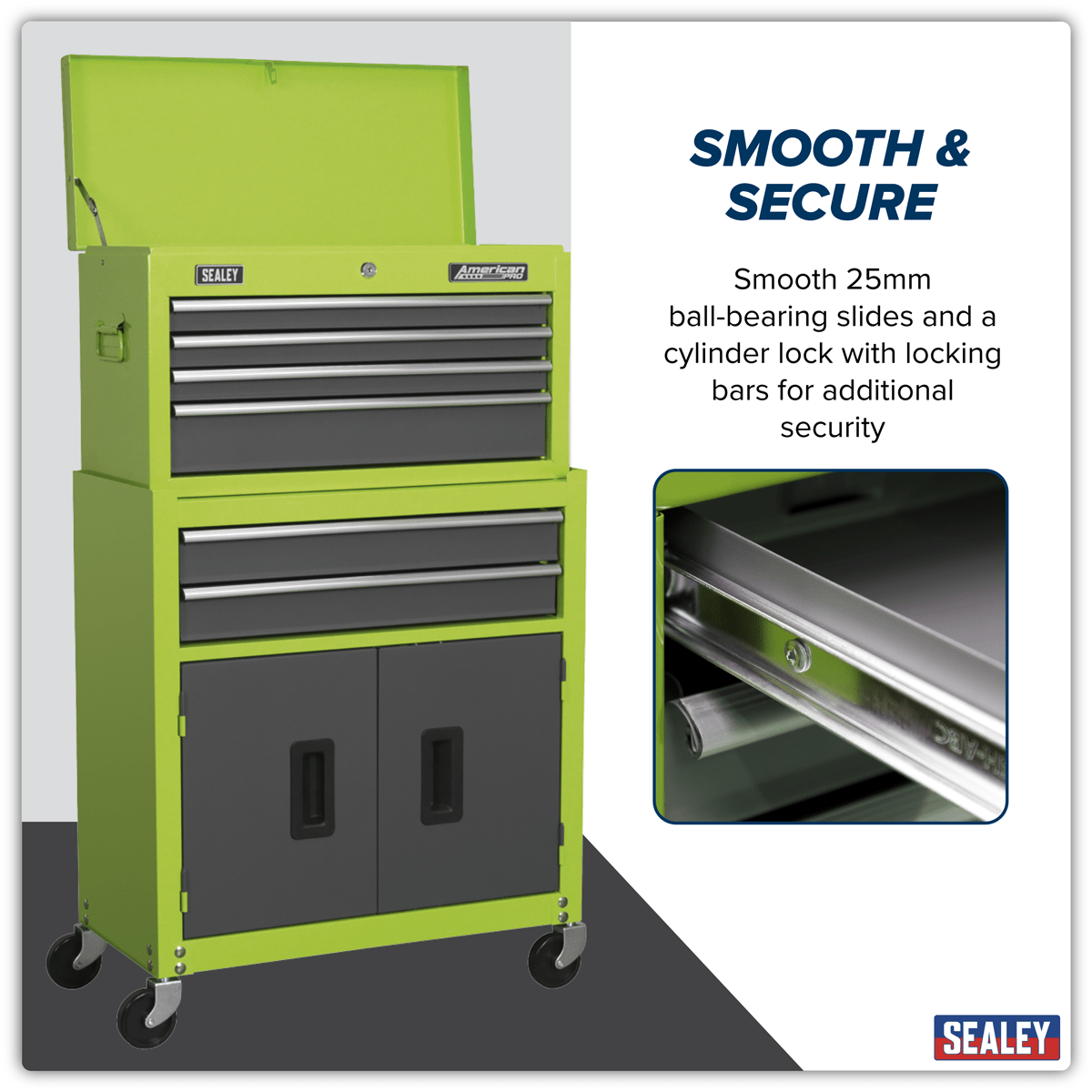 Sealey AP2200BBHV American PRO® Topchest & Rollcab Combination 6 Drawer - Green/Grey - AP2200BBHV - Sealey Tools UK - Trade Counter Direct