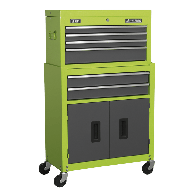 Sealey AP2200BBHV American PRO® Topchest & Rollcab Combination 6 Drawer - Green/Grey - AP2200BBHV - Sealey Tools UK - Trade Counter Direct