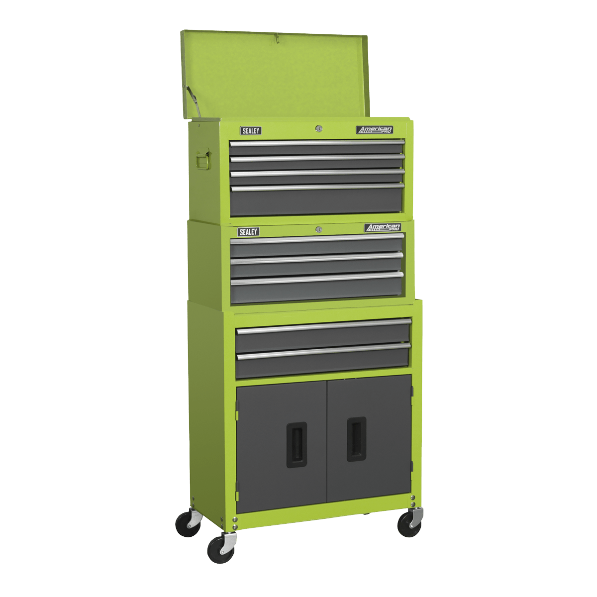 Sealey AP2200BBHVSTACK American PRO® Topchest, Mid-Box Tool Chest & Rollcab 9 Drawer Stack - Green - AP2200BBHVSTACK - Sealey Tools UK - Trade Counter Direct