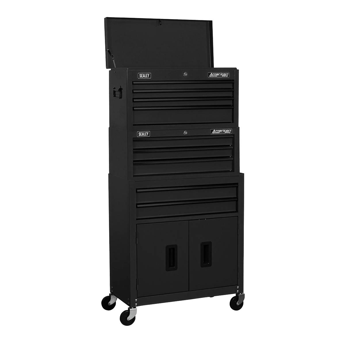 Sealey AP2200BKSTACK American PRO® Topchest, Mid-Box Tool Chest & Rollcab Stack 9 Drawer - Black - AP2200BKSTACK - Sealey Tools UK - Trade Counter Direct