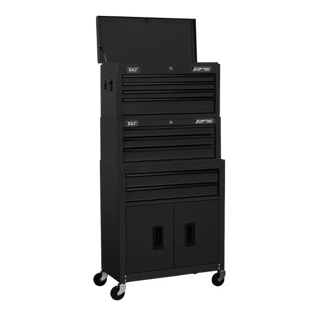 Sealey AP2200BKSTACK American PRO® Topchest, Mid-Box Tool Chest & Rollcab Stack 9 Drawer - Black - AP2200BKSTACK - Sealey Tools UK - Trade Counter Direct
