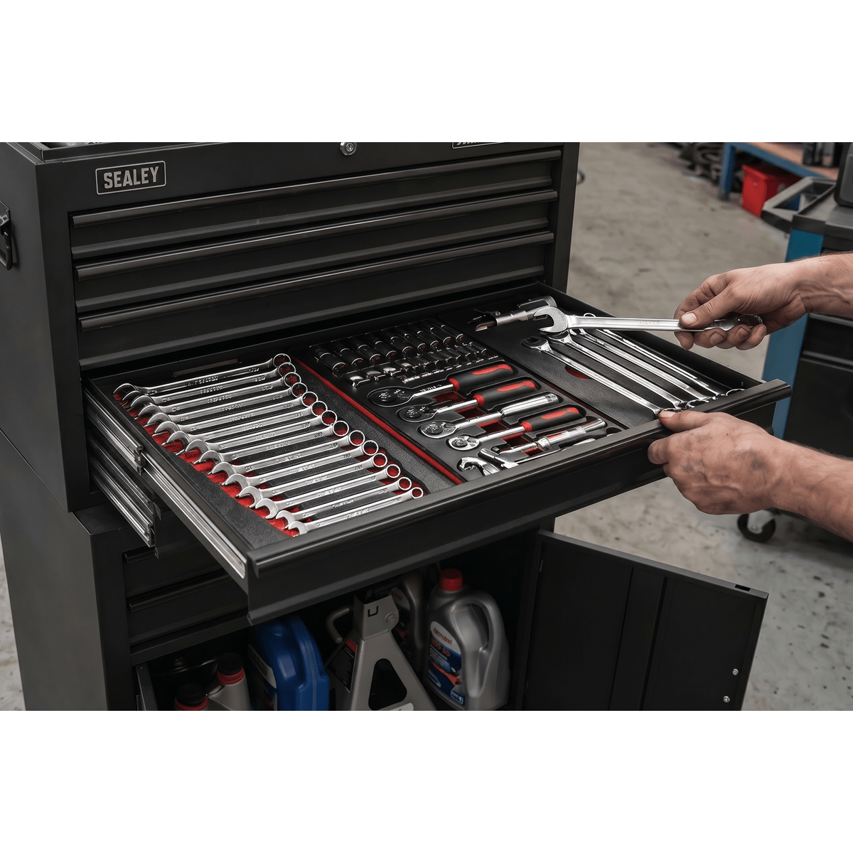 Sealey AP2200BKSTACK American PRO® Topchest, Mid-Box Tool Chest & Rollcab Stack 9 Drawer - Black - AP2200BKSTACK - Sealey Tools UK - Trade Counter Direct