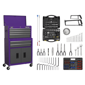 Sealey AP2200COMBOCP Topchest & Rollcab Combination 6 Drawer with Ball - Bearing Slides - Purple/Grey & 128pc Tool Kit - AP2200COMBOCP - Sealey Tools UK - Trade Counter Direct