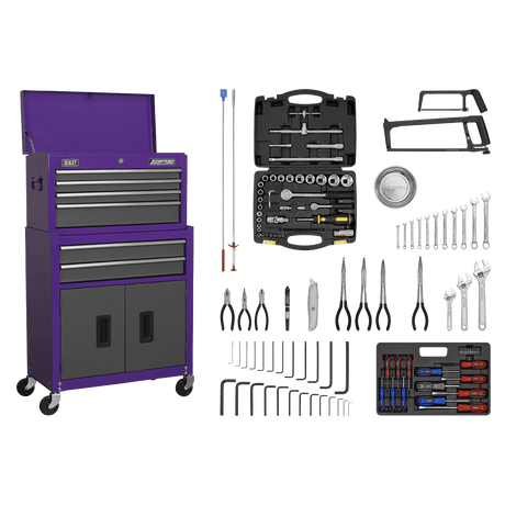 Sealey AP2200COMBOCP Topchest & Rollcab Combination 6 Drawer with Ball - Bearing Slides - Purple/Grey & 128pc Tool Kit - AP2200COMBOCP - Sealey Tools UK - Trade Counter Direct