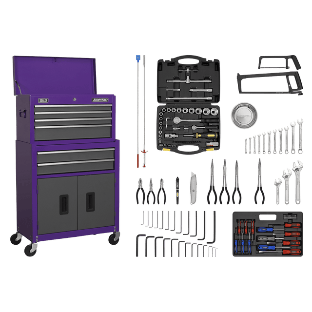 Sealey AP2200COMBOCP Topchest & Rollcab Combination 6 Drawer with Ball - Bearing Slides - Purple/Grey & 128pc Tool Kit - AP2200COMBOCP - Sealey Tools UK - Trade Counter Direct