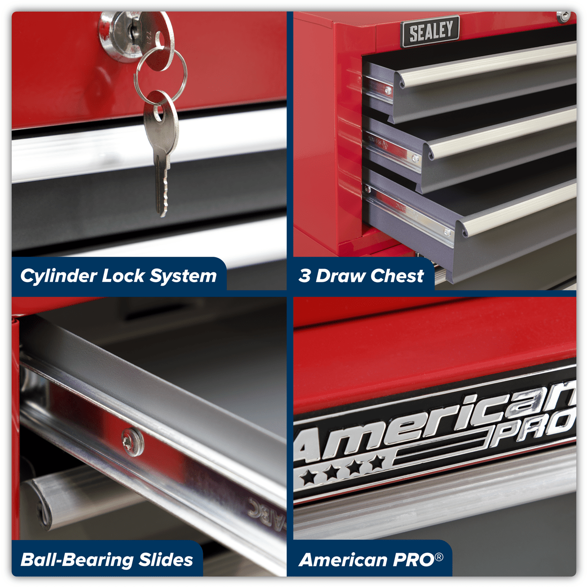 Sealey AP22309BB American PRO® Mid-Box Tool Chest 3 Drawer - Red/Grey - AP22309BB - Sealey Tools UK - Trade Counter Direct