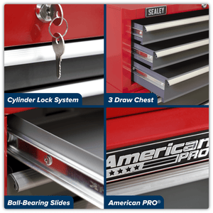 Sealey AP22309BB American PRO® Mid-Box Tool Chest 3 Drawer - Red/Grey - AP22309BB - Sealey Tools UK - Trade Counter Direct