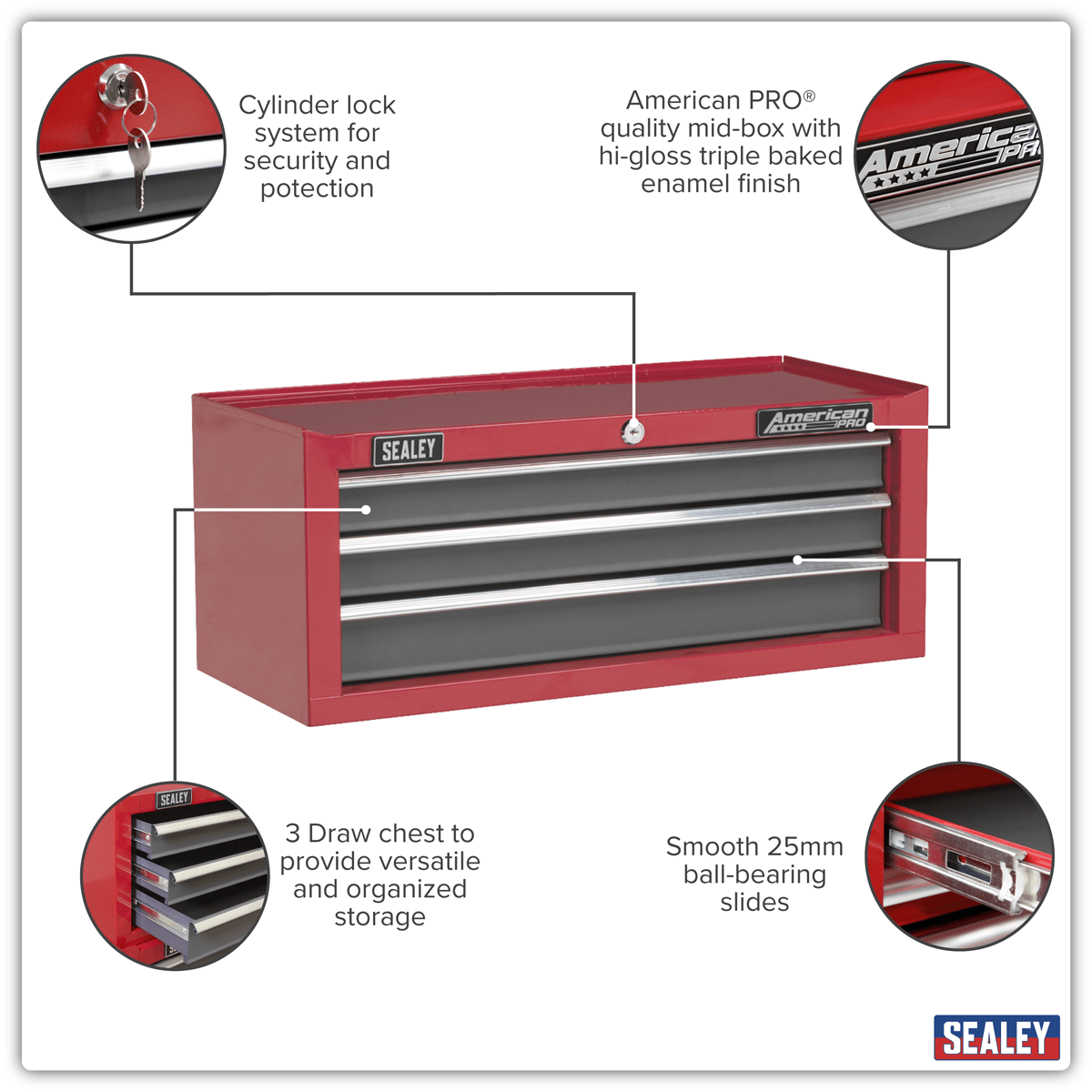 Sealey AP22309BB American PRO® Mid-Box Tool Chest 3 Drawer - Red/Grey - AP22309BB - Sealey Tools UK - Trade Counter Direct