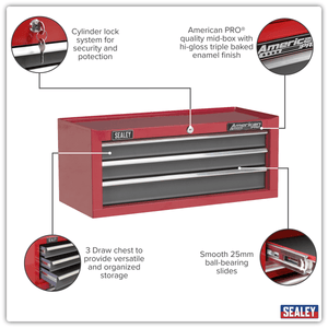 Sealey AP22309BB American PRO® Mid-Box Tool Chest 3 Drawer - Red/Grey - AP22309BB - Sealey Tools UK - Trade Counter Direct