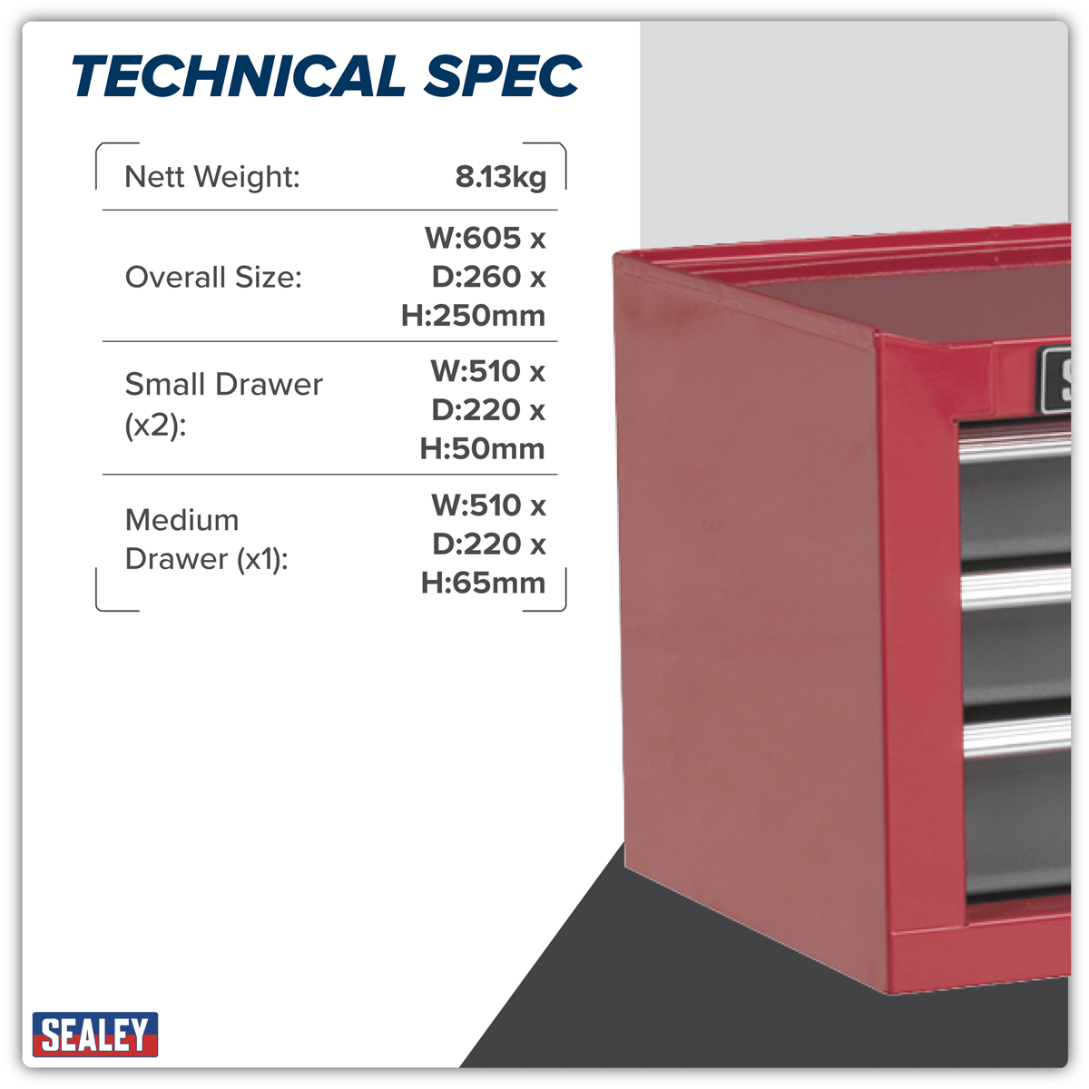 Sealey AP22309BB American PRO® Mid-Box Tool Chest 3 Drawer - Red/Grey - AP22309BB - Sealey Tools UK - Trade Counter Direct