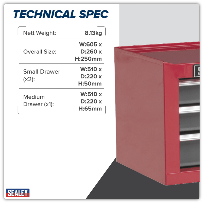 Sealey AP22309BB American PRO® Mid-Box Tool Chest 3 Drawer - Red/Grey - AP22309BB - Sealey Tools UK - Trade Counter Direct